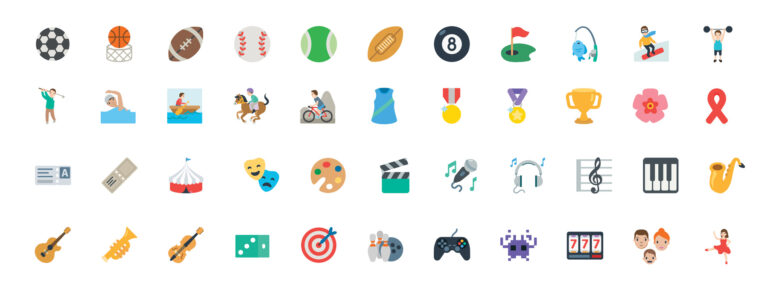 Sports, music instruments, games vector illustration symbols set. All type of balls, activities icons, emoticons set, collection.